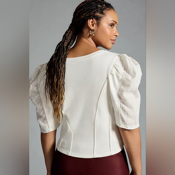 By Anthropologie Puff-Sleeve Structured V-Neck Tee Blouse Top in White Size LG - Picture 4 of 12